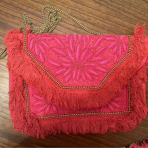 Red and Pink Beaded Fringe Clutch